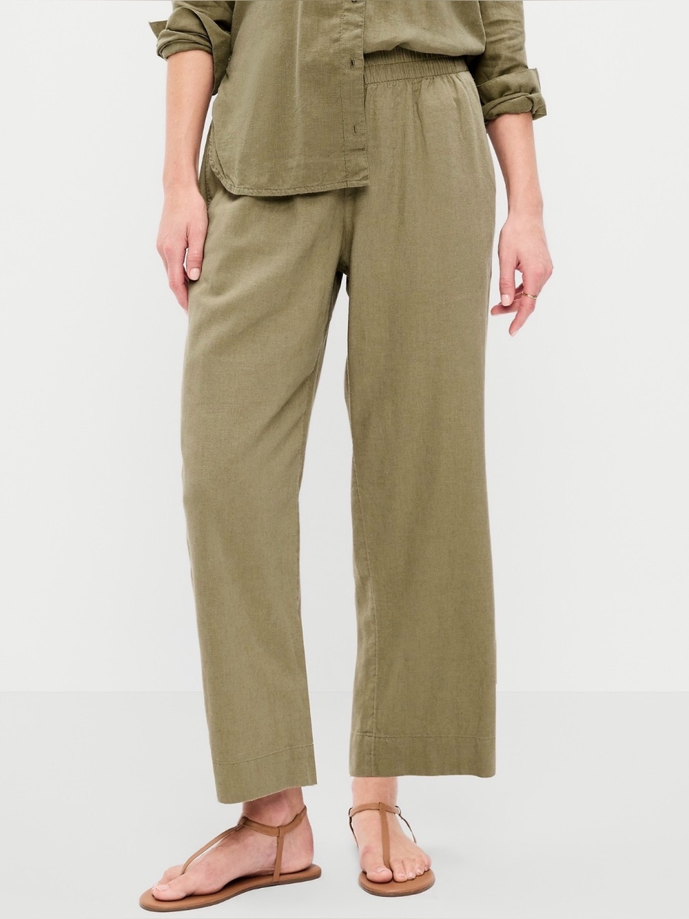 Olive Green Straight-Leg Linen Blend Elastic Waist Pants